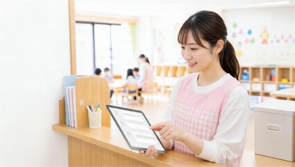 Obraz premium 保育室で連絡帳アプリに入力する女性保育士