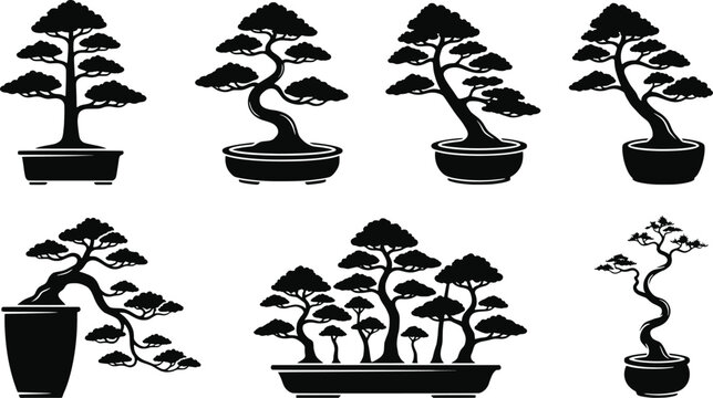Set of black bonsai tree silhouettes in pots Vector, illustration