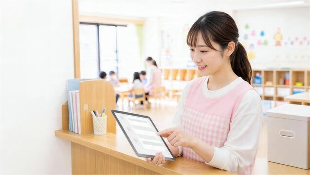 保育室で連絡帳アプリに入力する女性保育士