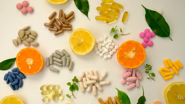 Various tablets and capsules, supplements and vitamins. Selective focus.