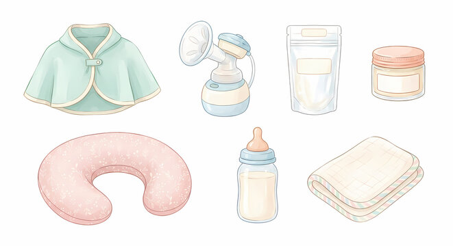 母乳育児と搾乳の授乳グッズ アイコンセット 水彩 白背景