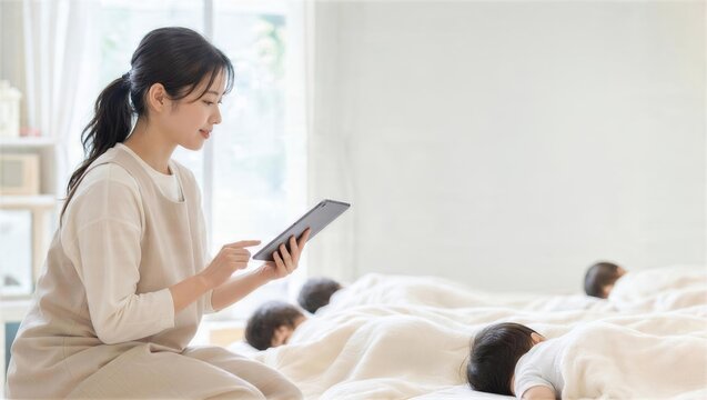 午睡中の園児をタブレットで確認する女性保育士