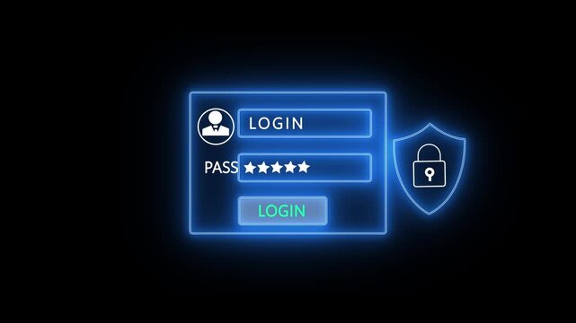 Digital animation of a glowing user login screen and avatar icon appearing over a background of streaming blue binary code, symbolizing cybersecurity