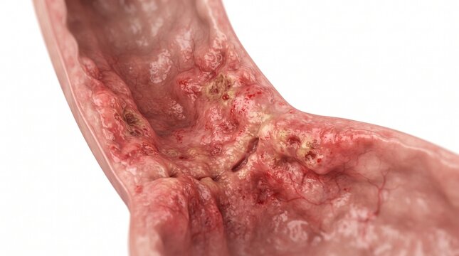 3D medical illustration of inflamed esophagus with erosive esophagitis showing ulceration bleeding and tissue damage caused by acid reflux, gastroesophageal disease anatomy close up render