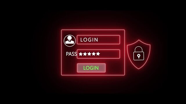 Digital animation of a glowing user login screen and avatar icon appearing over a background of streaming blue binary code, symbolizing cybersecurity