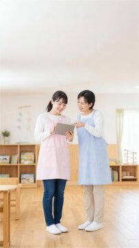 同僚から保育ICTの操作を学ぶ女性保育士