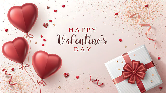 Happy Valentines Day celebration with heart balloons gift box and decorative elements on light background transparent background