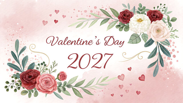 Valentines Day 2027 elegant floral design with roses and decorative hearts for greeting cards and digital artwork transparent background