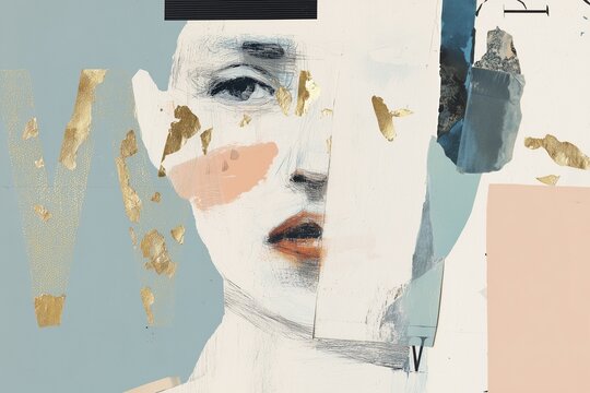 Paper collage with pastel blue abstract female portrait and gold fragments