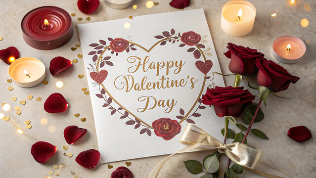 Romantic Valentines Day card surrounded by red roses candlelight and decorative elements on elegant surface transparent background