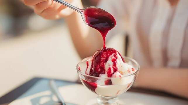 Female hands slowly pouring berry sauce over vanilla ice cream