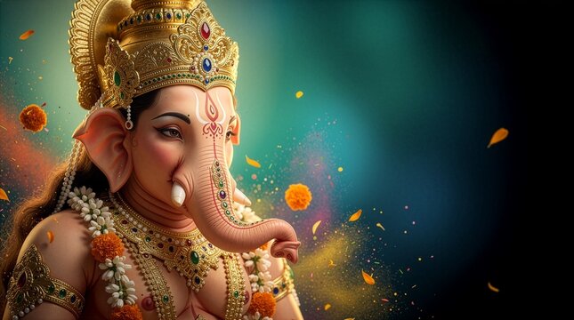Side profile of a beautifully adorned elephant god statue wearing a majestic golden crown and jewelry, surrounded by flying flower petals and colorful dust on a dark teal background with copy space.