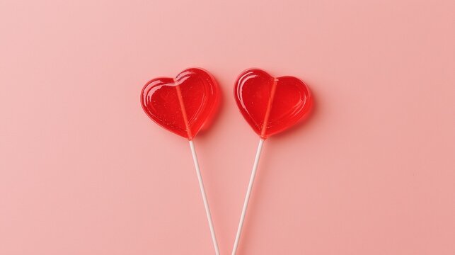 Red heart-shaped lollipops on sticks, pink background flat lay