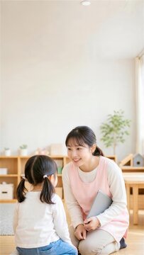 タブレットを持ち園児と向き合う女性保育士