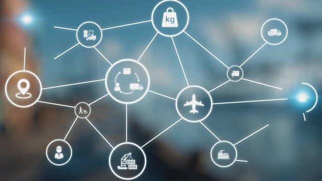 Logistics icons illustrate delivery, supply chain, warehouse, and shipping. Logistics connects global trade, logistics optimizes transport, and logistics supports inventory tracking. Gist