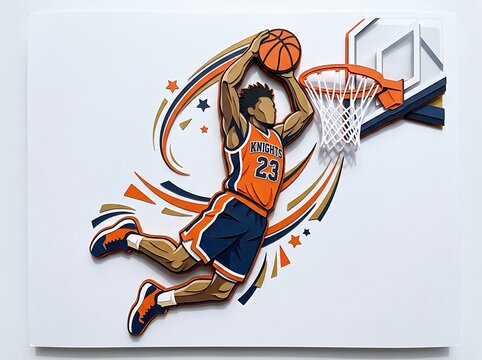 Basketball player performing slam dunk in dynamic illustration