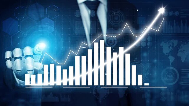 A businessman with a robotic hand displays a digital graph showcasing growth and data analytics, emphasizing technology and innovation in modern business strategies. Copula