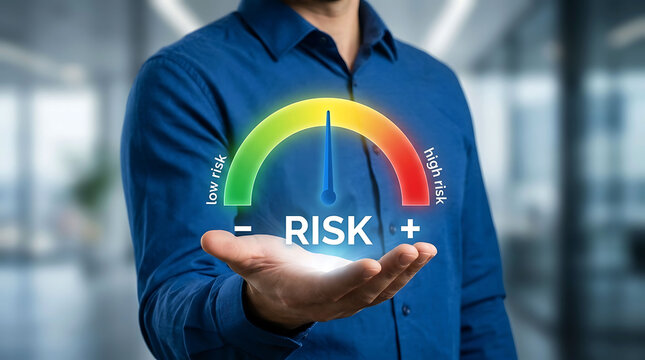 Businessman holding risk assessment meter with low and high risk indicator speed