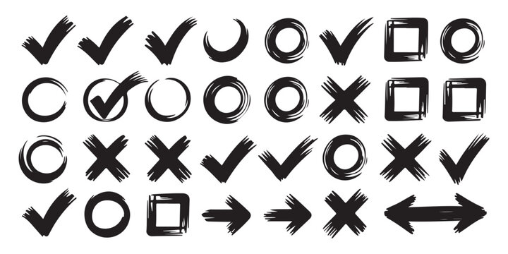 Set of hand drawn brush stroke check mark and cross symbols plus arrows in grunge texture style for creative website UI design elements.