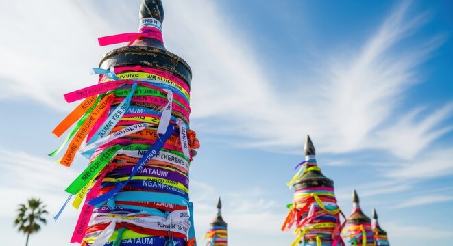 Colorful prayer ribbons tied to metal stupas under a bright blue sky in a sunny outdoor setting
