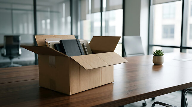 Cardboard box with "PACKED" text on office desk, representing employee resignation and offboarding process