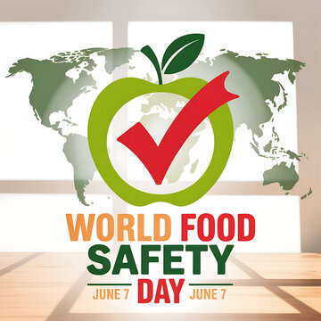 World food safety day design with apple and check mark over world map nutrition compliance