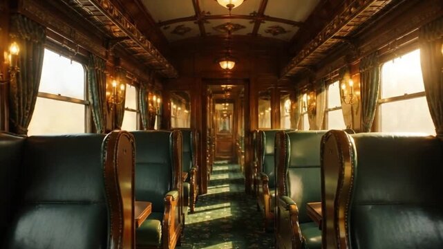 Interior of Luxury Vintage Train Car with Leather Seats. 4K Video