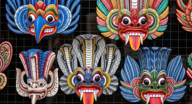 Colorful traditional sri lankan wooden devil masks for ritual dance