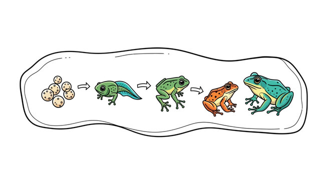 Frog life cycle stages, from eggs to adult