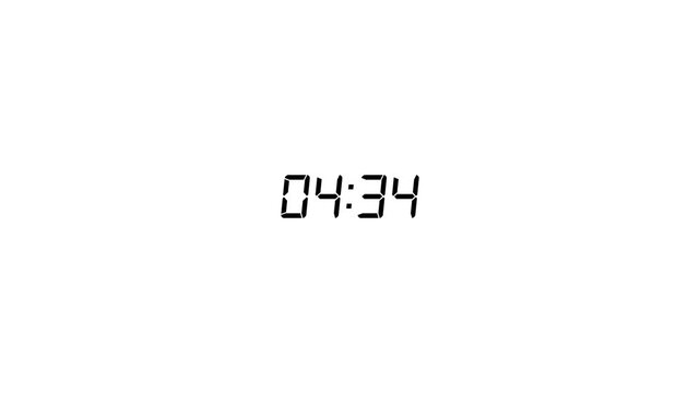 5 Minute countdown animation on black background.5 minutes displays a timer counting down minutes and seconds.Five minute counting down minute and second, clock timer,digital timer with alpha chanel.