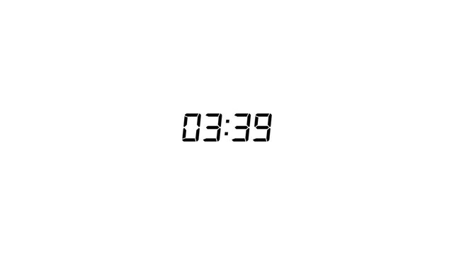 4 Minute countdown animation on black background.4 minutes displays a timer counting down minutes and seconds.Four minute counting down minute and second, clock timer,digital timer with alpha chanel.