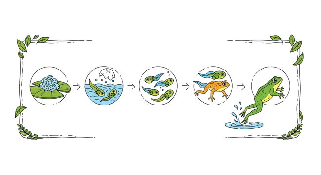 Frog life cycle, transformation from egg to tadpole to adult