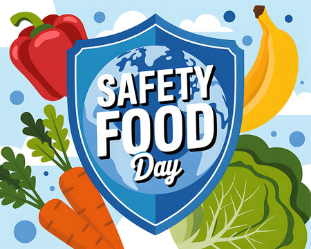 World food safety day poster design with protective shield and fresh fruits and vegetables, consumer