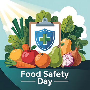 Food safety day illustration with clipboard checklist and shield over fresh produce, clipboard