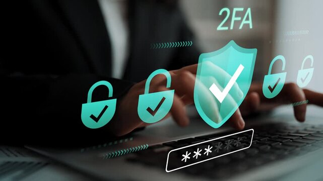 Two-Factor Authentication Security Concept with Lock Icons and Check Marks Displayed on Laptop in Business Environment for Cyber Protection Gluon.
