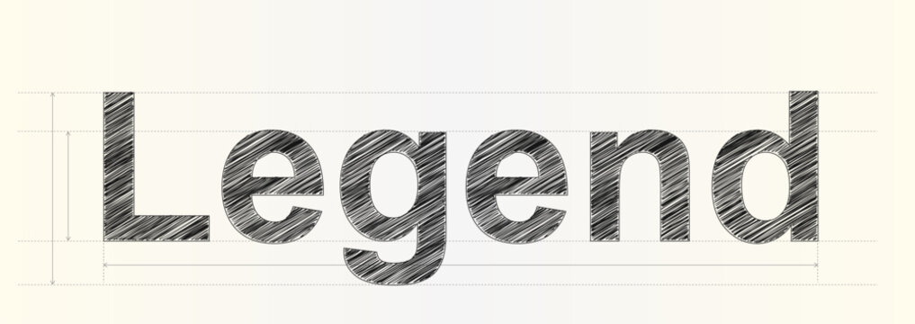 Artistic handwritten sketch effect typography spelling the word legend with professional technical measurement guideline markings