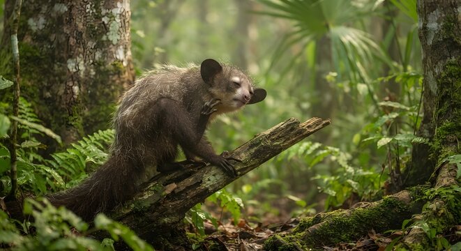 An ayeaye lemur scratching its head while perched on a fallen log in a dense forest