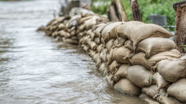 Sandbag flood barrier wall holding back rising muddy floodwater