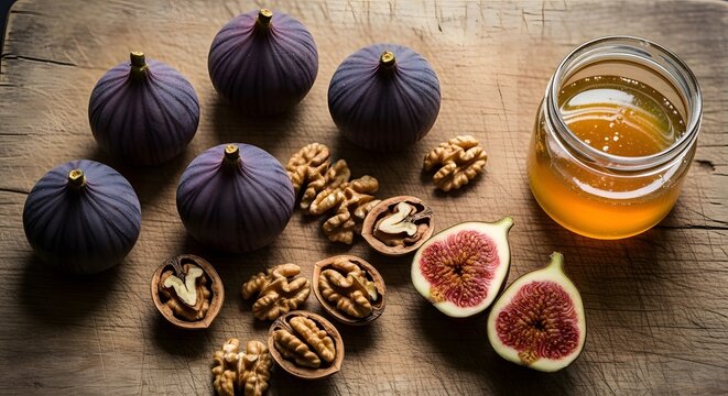 Fresh Figs Walnuts and Honey on Rustic Wooden Table.