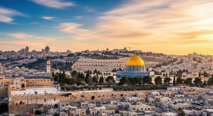 Fototapeta premium Dome of the rock and old city of jerusalem at sunset with a beautiful golden sky