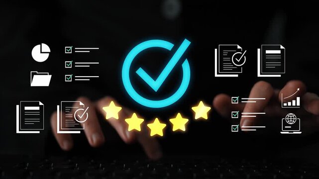 Concept of quality control with check marks, ratings, documents, and data analytics on dark background with hands typing on keyboard representing digital process Gluon.