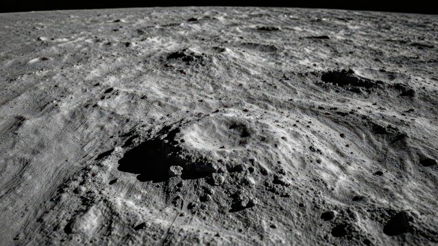 Vast cratered lunar surface landscape showing desolate moon terrain with rocky craters and dark shadows under harsh sunlight in space with a distant horizon view
