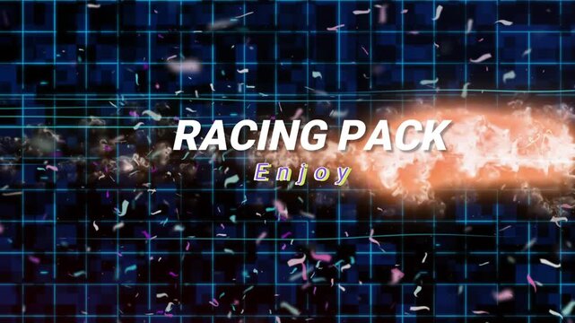 Racing pack text appears over a digital grid background with glowing particles and motion blur.
