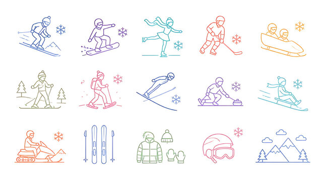 A collection of colorful line art icons representing various winter sports and outdoor activities.
