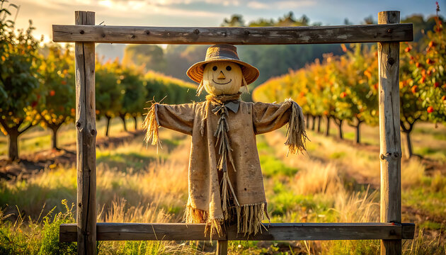 Scarecrow in a vineyard field landscape.