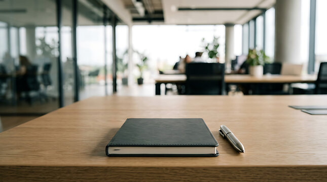 Black notebook with pen on empty wooden table in modern office representing offboarding and resignation