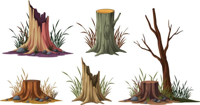 Tree Stump Collection with Cut Logs, Dead Tree, Rotten Stumps, Grass, and Woodland Nature Elements for Landscape and Game Vector Design