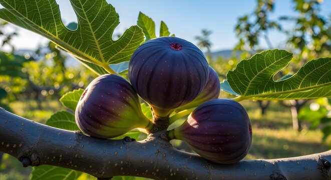 Ripe Figs Growing on a Branch in a Sunny Orchard.