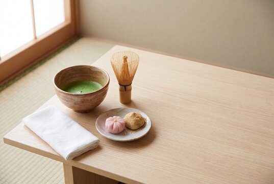 木のテーブルに置かれた抹茶、茶筅、布巾、和菓子。障子から差し込む柔らかな自然光が、茶道の静けさと和の美しさを丁寧に伝える一枚