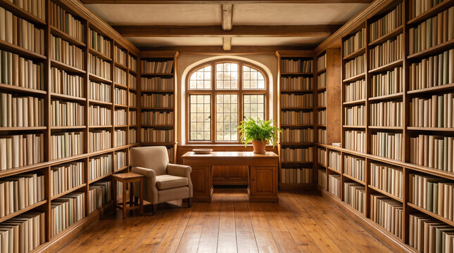 Classic home library with wooden bookshelves. Cozy study room with desk and armchair.